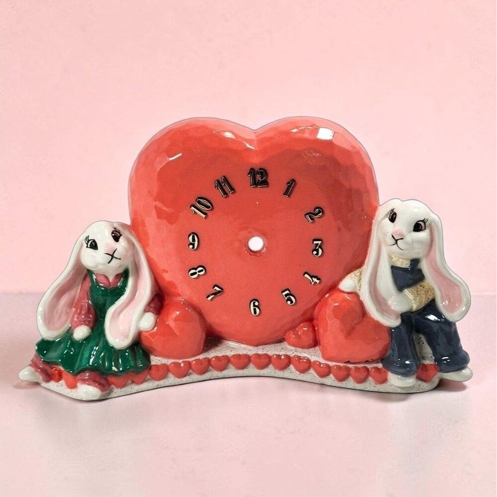 Vintage Bunny Clock Shell Heart Ceramic Cottagecore Farmhouse Decor Signed Anna